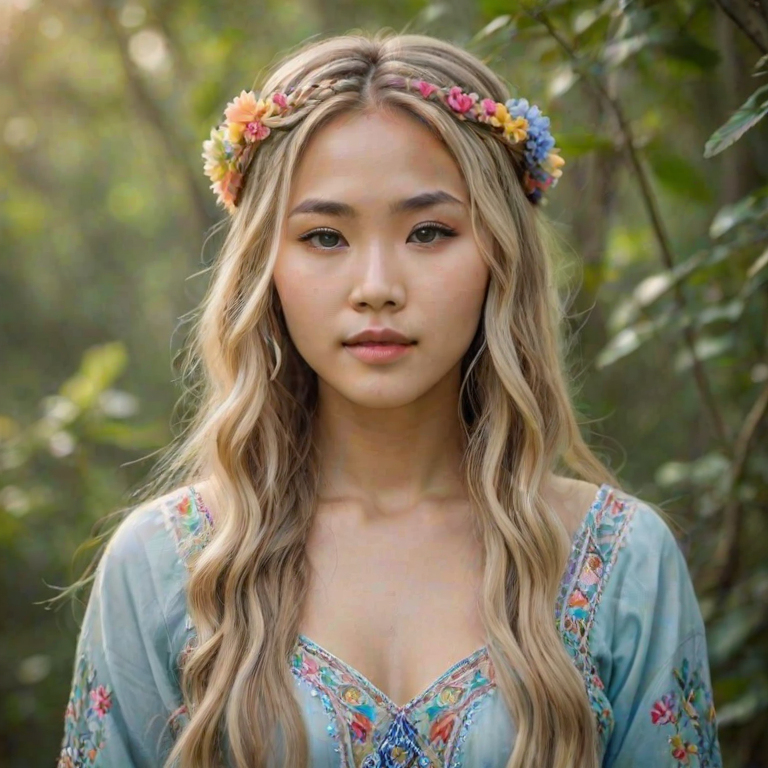 Create an image of a young Hmong woman with long, wavy blonde hair, adorned with small, colorful flowers woven into her braids and loose strands. Her complexion is fair, with soft, glowing skin, and she has light blue eyes that gaze softly at the viewer. She wears a light, flowing dress with a gentle, ethereal quality, complementing her delicate and serene appearance. The background is slightly blurred, drawing focus to her tranquil expression and the intricate details of the flowers in her hair. The overall mood of the image is one of natural beauty and grace, evoking a sense of peacefulness and connection with nature.