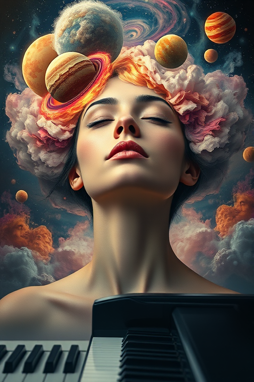 Create a surreal painting of a woman with closed eyes, featuring colorful swirling clouds and planets around her head, with a piano in the foreground, use a Canon EOS R5, 50mm lens, f/1.8 aperture, ISO 100, 1/125 sec shutter speed, and a cinematic style for enhanced depth and vibrant colors.