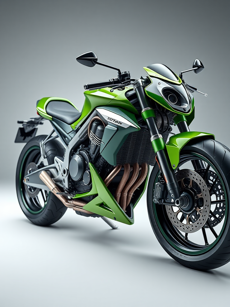 highly detailed 3D render of a futuristic motorcycle with intricate mechanical components and a green color scheme, soft studio lighting, 50mm lens, f/2.8 aperture, ISO 200, shot at eye level, using a DSLR camera