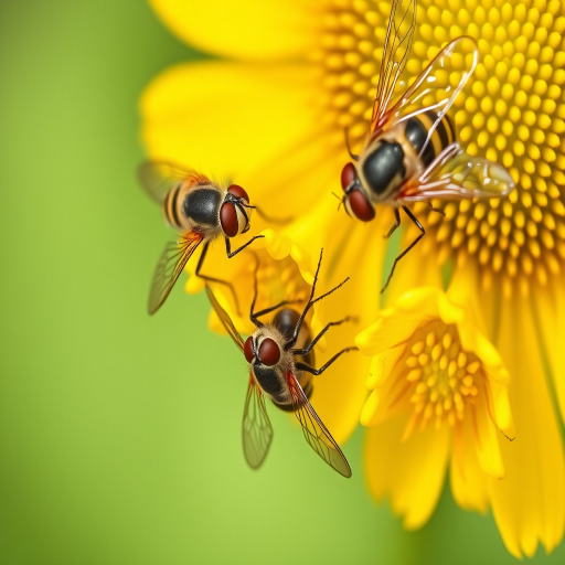 macro photograph of hoverflies on vibrant yellow flowers with a soft green background, aperture f/2.8, shutter speed 1/250s, ISO 100, taken with a DSLR camera in natural light for enhanced detail and depth of field