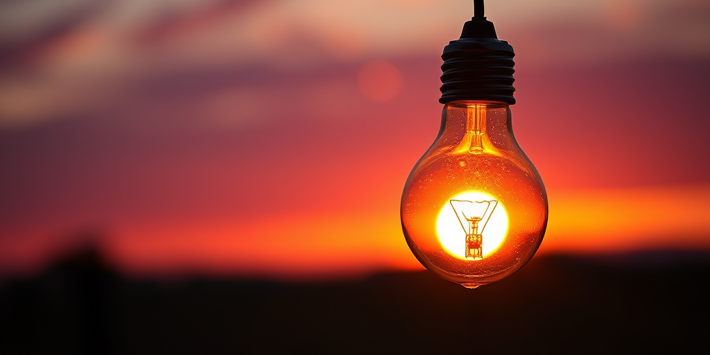 Capture a stunning sunset with a light bulb in the foreground illuminating the sun inside it, using a Canon EOS R5, 50mm lens, aperture f/1.8, ISO 100, with a shallow depth of field and vibrant color enhancement to create a mesmerizing glow effect.