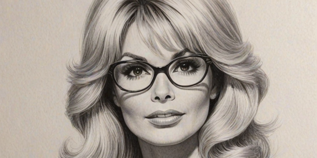 Alluring Loni Anderson, pencil sketch, portrait of Gorgeous woman 1969s in glasses, hair style beatnik, outline, clear lines, fine lines, 8k