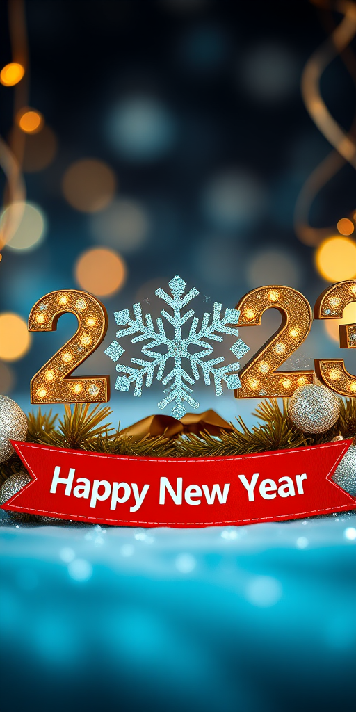 Create a vibrant image of festive New Year decorations with the year 2023 in sparkling gold and silver, a snowflake design in the center, and a red banner below saying "Happy New Year" with a soft bokeh background, shot with a Canon EOS 5D Mark IV, 50mm lens, f/1.8 aperture, 1/100s shutter speed, ISO 100, natural light.