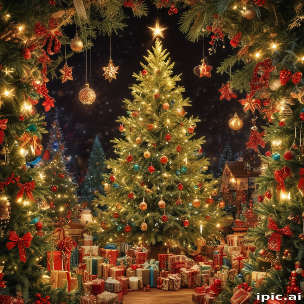 A Magical Christmas Scene with a Glowing Tree Surrounded by Gifts.