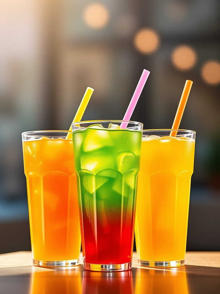Create a high-resolution digital illustration of three colorful drinks in transparent cups with straws, featuring vibrant orange, green, and yellow beverages, captured in a bright studio lighting setting with a shallow depth of field using a DSLR camera at f/2.8, ISO 100, and 50mm lens.