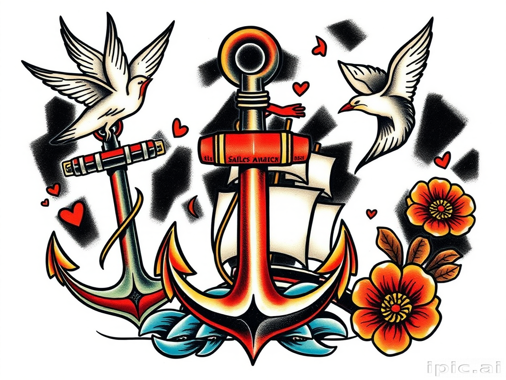 Traditional American tattoo called "Sailor's Legacy" featuring bold outlines thick black shading and bright primary colors depicting classic nautical motifs like anchors ships and swallows