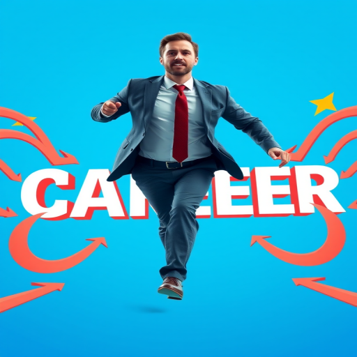 Generate an image of a businessman running towards the word "CAREER" surrounded by dynamic arrows, use a Canon EOS R5, 50mm lens, f/1.8 aperture, ISO 200, with a bright blue gradient background for high contrast and clarity.
