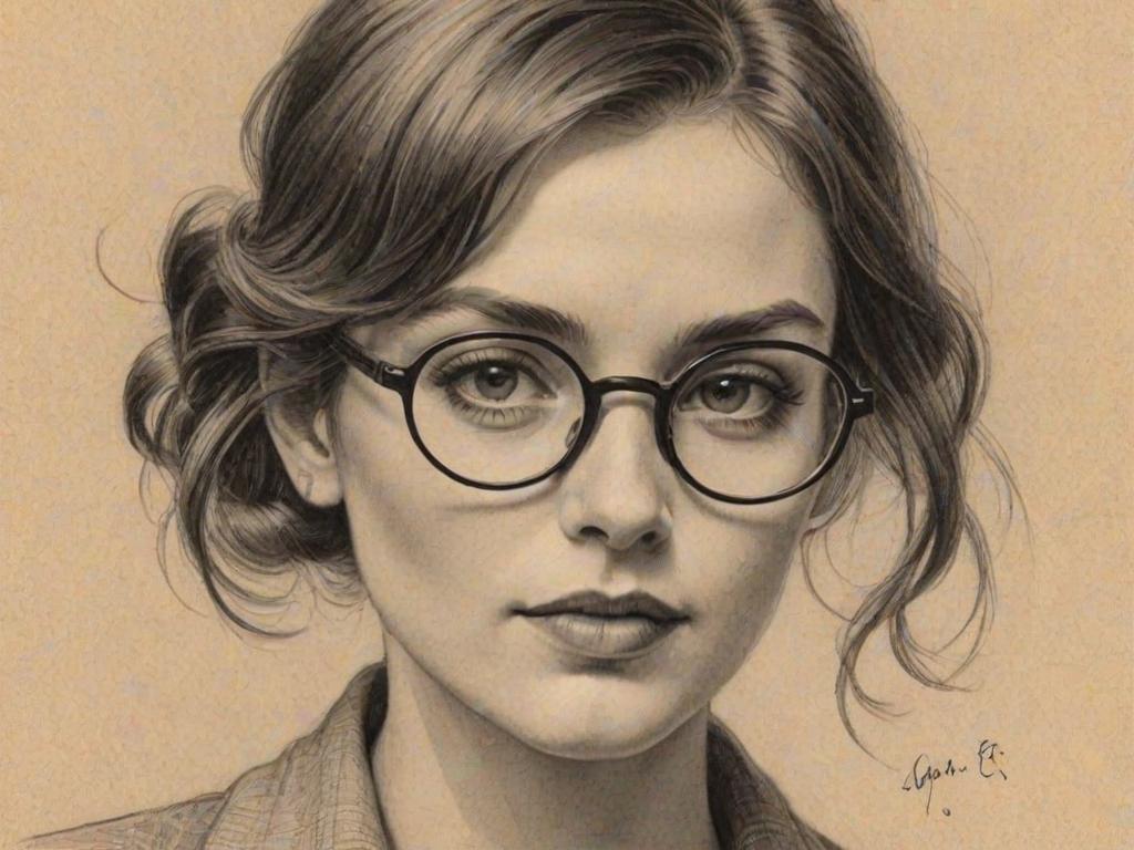Beauteous Jack'e Harry, pencil sketch, portrait of Wonderful woman 1921s in glasses, hair style beatnik, outline, clear lines, fine lines, 8k