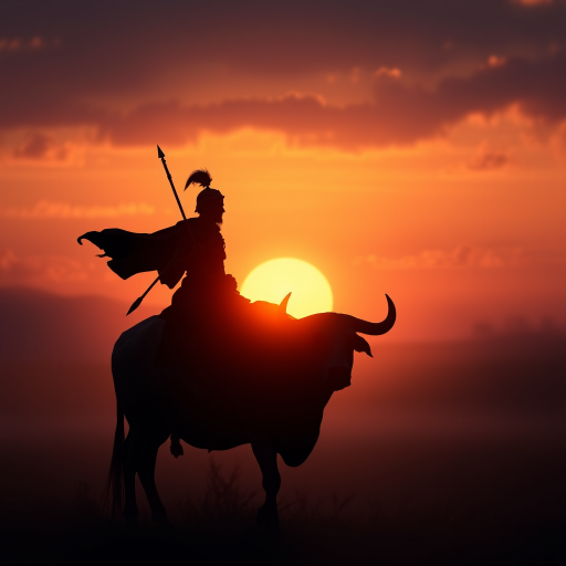 Create an artistic digital painting of a silhouette of a warrior on an ox against a sunset backdrop, capturing a mystical atmosphere with soft, warm colors, using a full-frame camera at f/8 aperture, ISO 100, and a 24mm lens to enhance depth of field and detail.