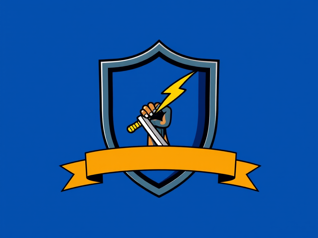 Create a digital illustration of a shield emblem featuring a stylized arm wielding a sword and lightning bolt on a blue background, using a 50mm lens, f/2.8 aperture, and a soft focus effect to enhance sharpness and color vibrancy.