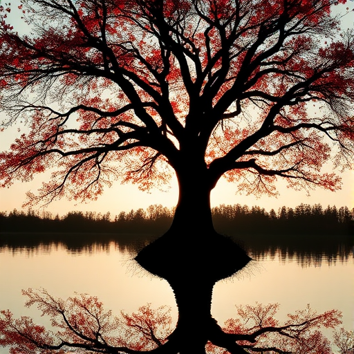 Create a vibrant silhouette of a tree with detailed branches and foliage reflected in a calm body of water, use a DSLR camera with a 50mm lens, aperture f/1.8, shutter speed 1/200s, ISO 100, wide-angle view, and natural lighting to enhance clarity and contrast.
