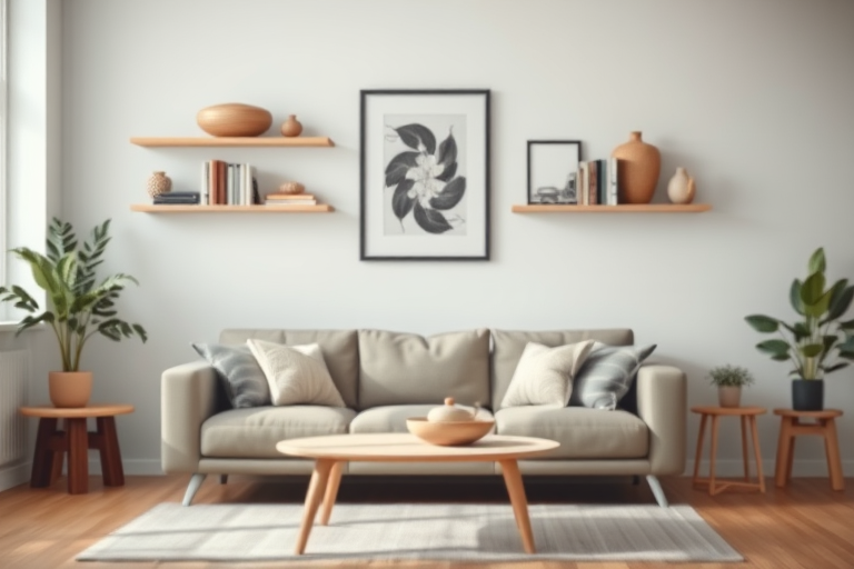 interior scene of a cozy living room with a modern couch, decorative shelves with books and vases, minimalist design, natural lighting, captured with a DSLR camera, f/4 aperture, 18mm lens, ISO 200, soft focus effect