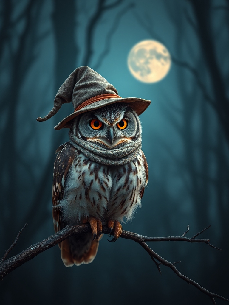 regenerate an image of a wise owl wearing a wizard hat and a scarf, perched on a branch in a misty forest with a full moon in the background, use a Canon EOS R5 with a 50mm lens, f/1.8 aperture, ISO 100, and a soft focus effect to enhance details and create a magical atmosphere.