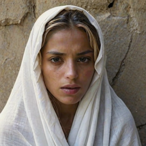 Create a close-up photographic image of a Romani woman with light skin tones shown against an old, worn wall. Their head is wrapped in a white cloth covering (i.e.... parts of the head except the nose and mouth, which are open as if they are screaming...), with a slight texture and visible folds in the fabric. Thin strands of blonde hair escape from the wrapping above, falling lightly at the top and sides. Their hands hold the fabric as if they are tugging nervously. The lighting is dramatic and even, casting strong shadows. The image has a minimalist and surreal style with an emphasis on simplicity with soft color tones. The composition is centered.