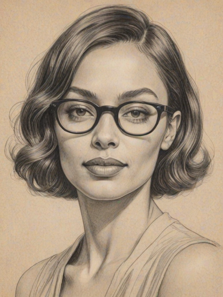 Captivating Tamara Taylor, pencil sketch, portrait of Captivating woman 1933s in glasses, hair style beatnik, outline, clear lines, fine lines, 8k