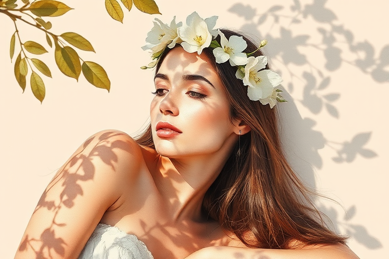 create a watercolor painting of an ethereal portrait of beautiful Turkmen woman with a simple white flower crown on her head. Her hair is long and she is lying on the ground. The sunlight on the trees casts shadows from the leaves on her face and body. The background is a neutral brown color that matches her skin tone. The image is minimalist and solid colors. This style is characterized by soft, delicate brushstrokes and a light, airy, contrasting color palette. High level of detail and play of light