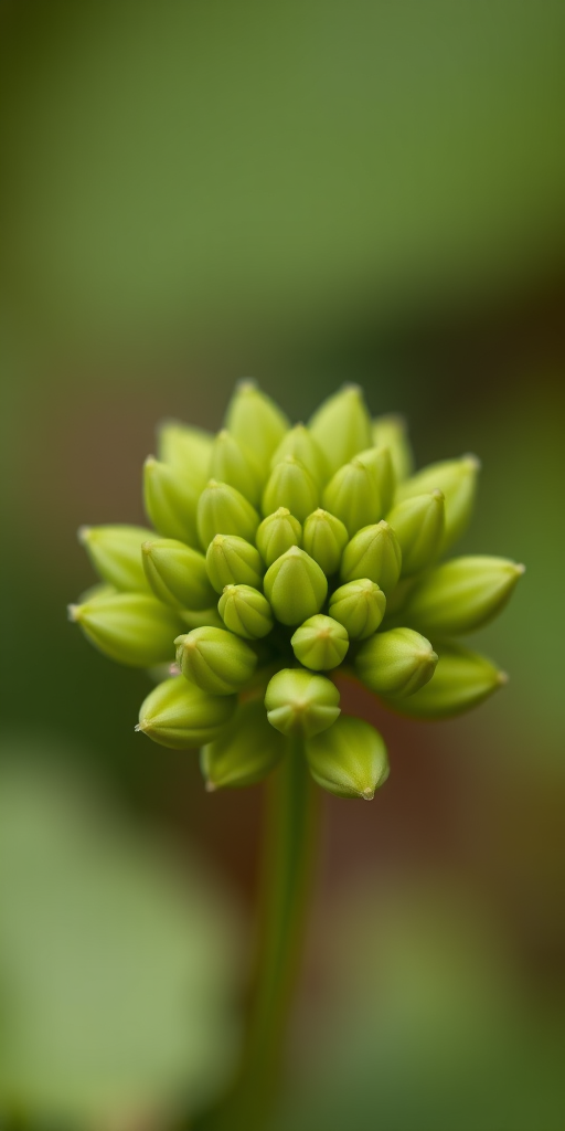 Close-up of a cluster of green flower buds with a blurred background, f-stop at 2.8, ISO 100, shutter speed 1/200s, macro lens, natural lighting, depth of field effect.