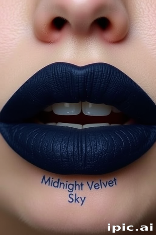 Deep navy blue lips with a matte suede texture and subtle navy shimmer, named "Midnight Velvet Sky"
