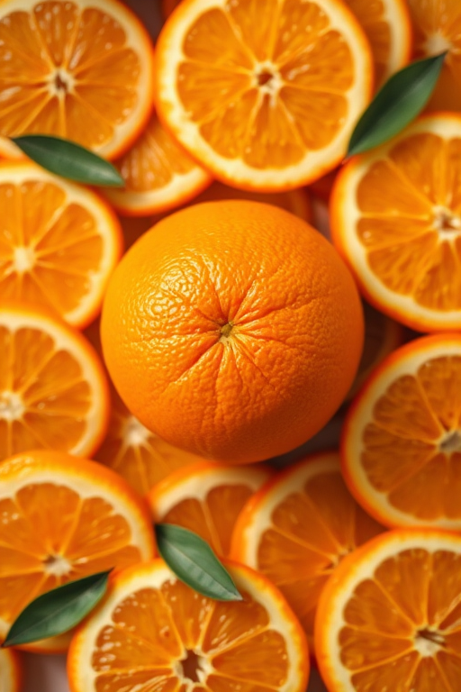 high-resolution image of a swirling pattern of oranges and orange slices, featuring a large orange in the center with vibrant colors, use a 50mm lens for depth of field, f/2.8 aperture, ISO 100, soft lighting from above, slight tilt-shift effect to enhance focus on the central orange, shot with a DSLR camera