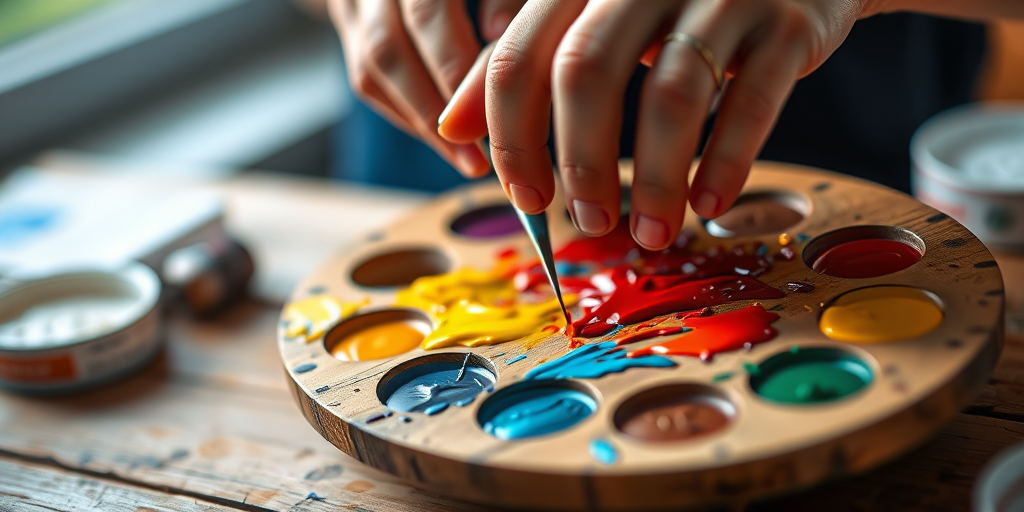 Capture a close-up shot of a person's hands mixing paint on a wooden palette with vibrant colors, soft natural lighting, aperture f/2.8, shutter speed 1/125s, ISO 200, DSLR camera, shallow depth of field.
