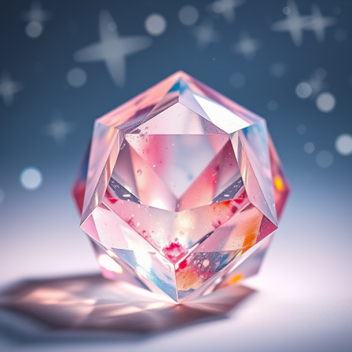 Create a high-resolution image of a geometric crystal with a watercolor effect, emphasizing translucent layers and sparkling stars in the background, using a Canon EOS R5 camera, 50mm lens, aperture f/1.8, ISO 200, shot at a 45-degree angle to enhance depth.