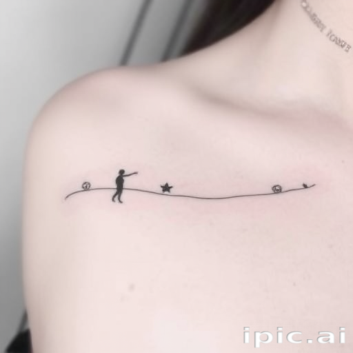 Minimalist line art tattoo named "Whispered Secrets" consisting of delicate continuous lines forming subtle silhouettes and hidden symbols in a soft gray ink for a subtle elegant look