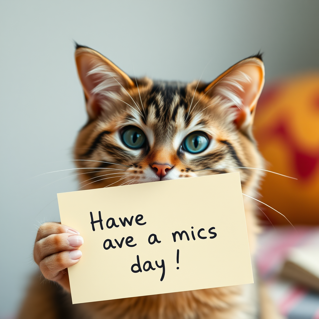 cat holding a note which says "Have a mice day!"