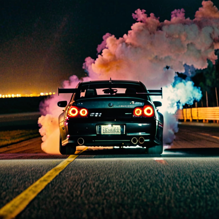 Drifting Back JDM car drifting at night with viewpoint from back right of car with ...
