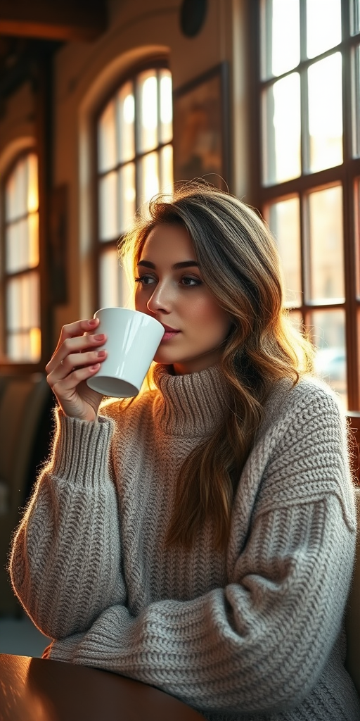 Warmly lit photo of a woman in her 20s, wearing a cozy sweater and sipping coffee at a rustic café, sunlight streaming through the large windows, casting a golden glow on her face.