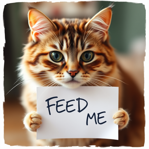 cat holding a note which says "FEED ME"