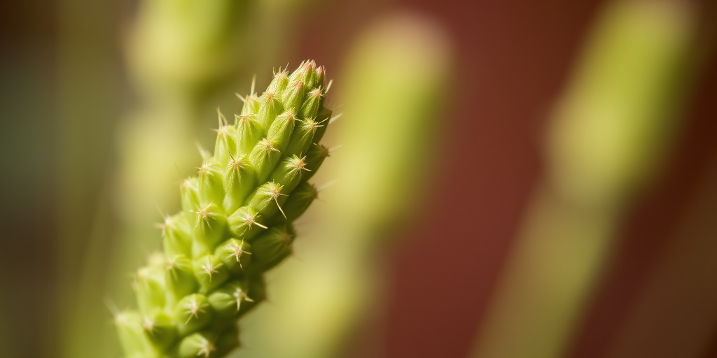 photograph a close-up of a green, spiky plant stem with soft focus on the background, using a DSLR camera, 50mm lens, aperture f/2.8, ISO 200, natural lighting, shallow depth of field to emphasize texture and detail