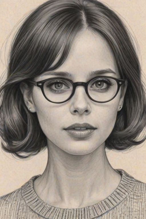 Exquisite Felicity Jones, pencil sketch, portrait of Delightful woman 1959s in glasses, hair style beatnik, outline, clear lines, fine lines, 8k