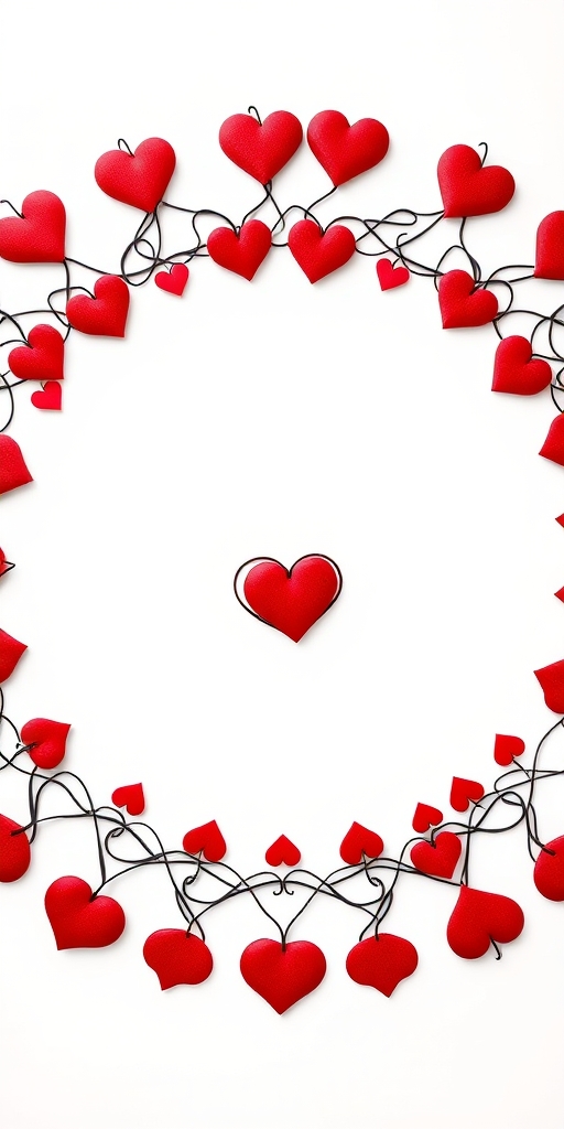 Create a high-resolution circular pattern of entwined red hearts with intricate black lines forming a decorative border, shot with a Canon EOS R5 at f/2.8, 1/60s shutter speed, ISO 100, top-down view with soft diffused lighting for even illumination.