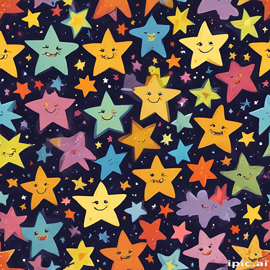 Whimsical Colorful Stars with Smiling Faces Against a Dark Night Sky