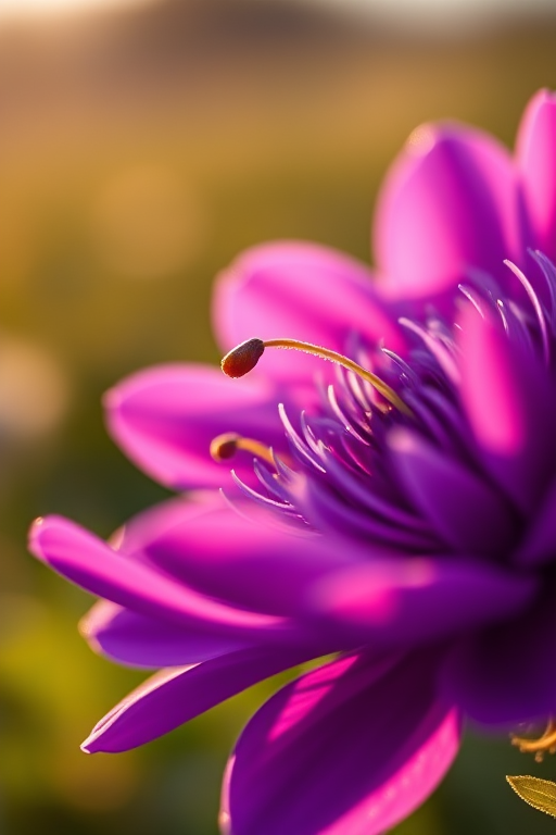 capture a close-up of a purple flower in soft sunlight with a blurred background, using a macro lens at f/2.8, ISO 100, 1/200s, shot at golden hour with a DSLR camera for enhanced detail and color vibrancy