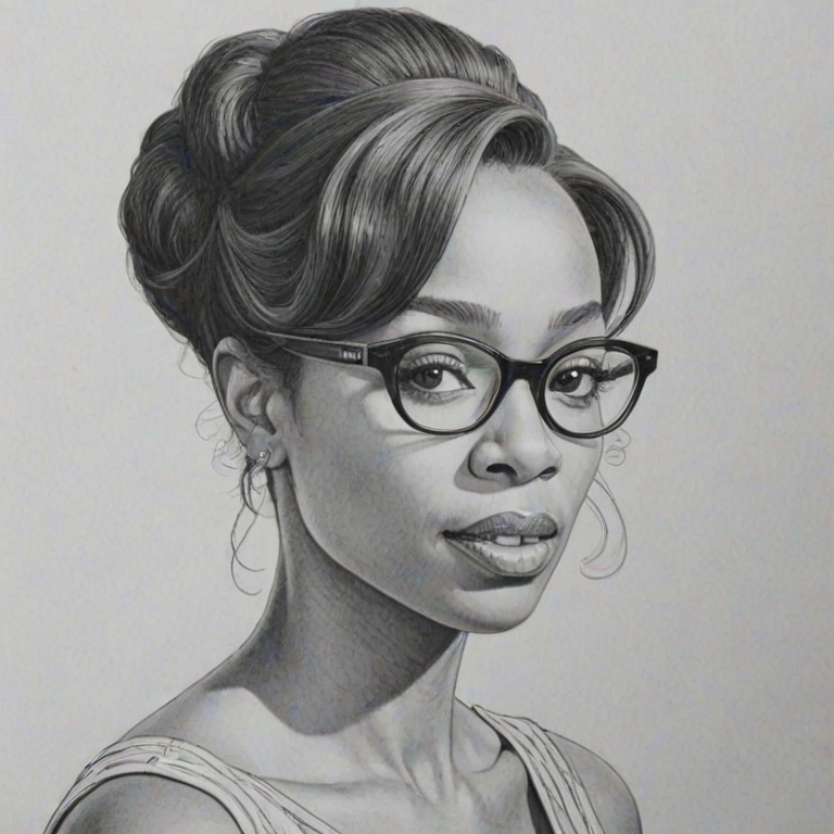 Wonderful Anika Noni Rose, pencil sketch, portrait of Comely woman 1953s in glasses, hair style beatnik, outline, clear lines, fine lines, 8k