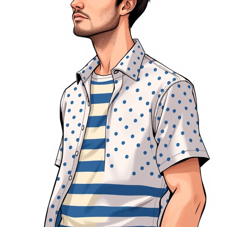 Create a detailed illustration of a male figure wearing a polka dot shirt over a striped t-shirt, with a plain background, shot with a Canon EOS R5, 50mm lens, aperture f/1.8, ISO 100, in natural light to enhance colors and textures.