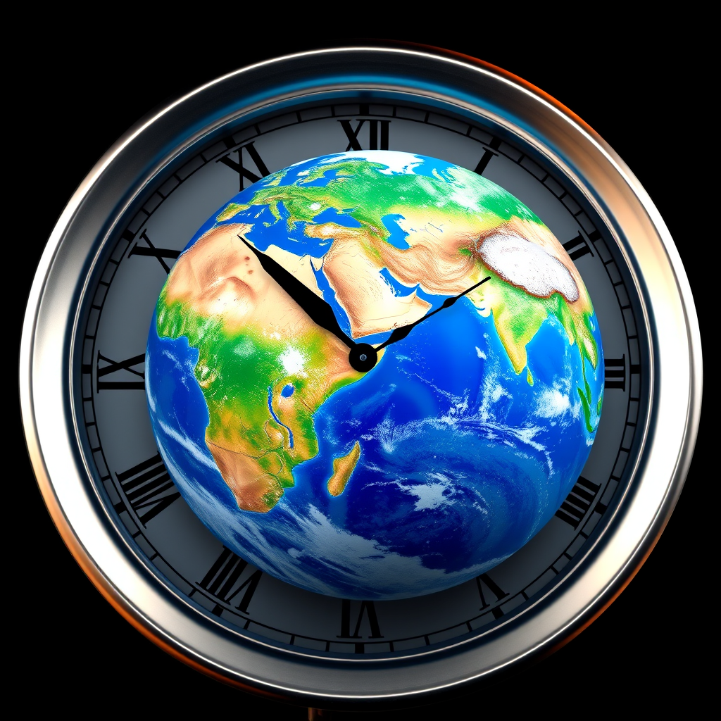 Create a highly detailed 3D rendering of Earth positioned within a clock face, showcasing continents and oceans vividly, with a glossy metallic rim around the clock face featuring Roman numerals, in a high-resolution format, captured with a DSLR camera at f/2.8 aperture, ISO 100, with a wide-angle lens at 24mm, in a studio lighting setup to enhance color contrast and depth.