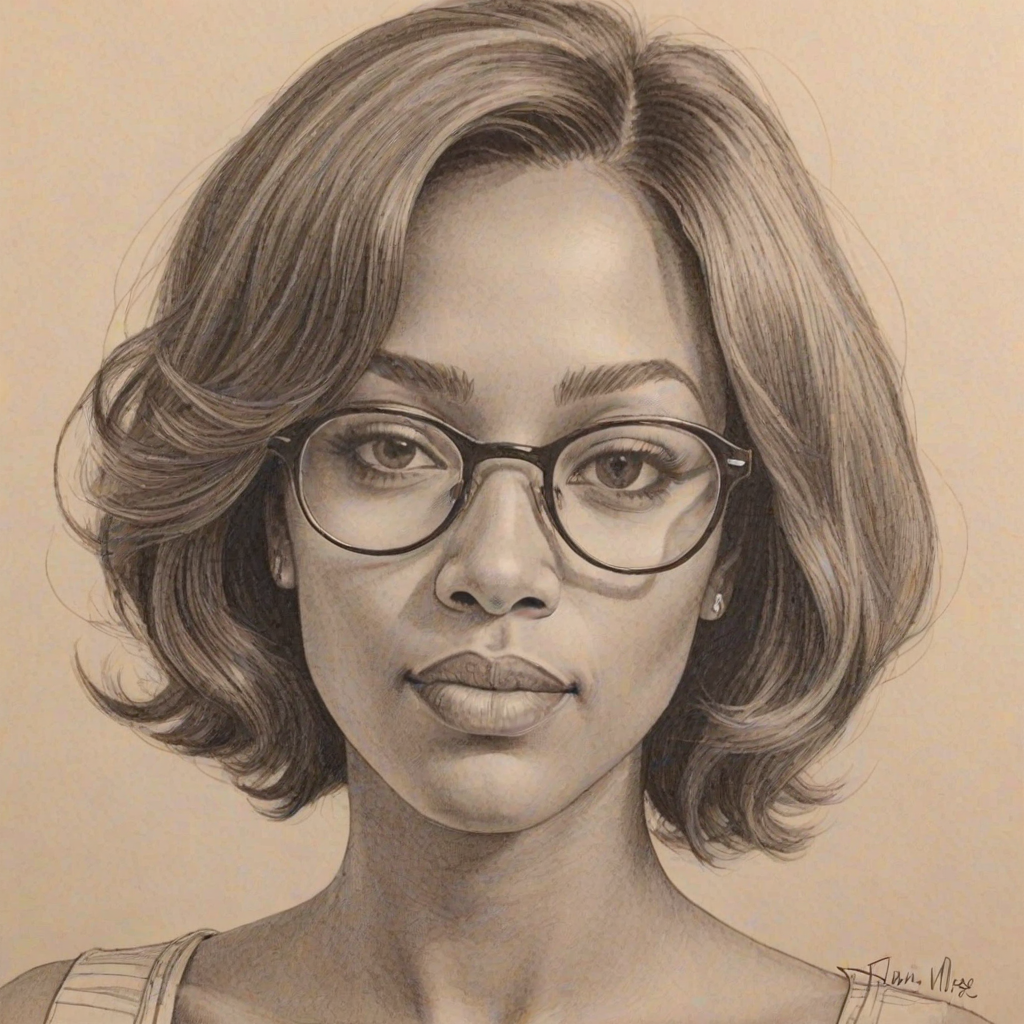 Stunning Trina McGee, pencil sketch, portrait of Lovely woman 1972s in glasses, hair style beatnik, outline, clear lines, fine lines, 8k