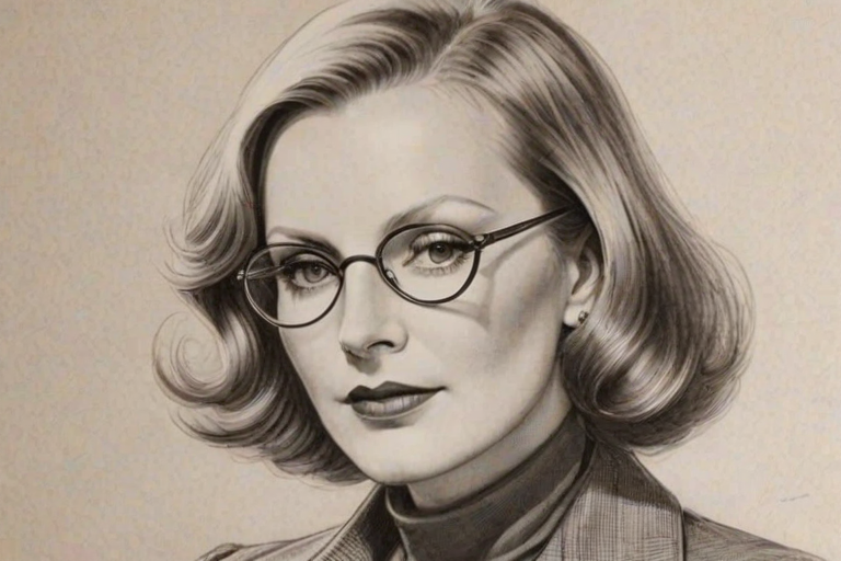 Charming Greta Garbo, pencil sketch, portrait of Fascinating woman 1932s in glasses, hair style beatnik, outline, clear lines, fine lines, 8k