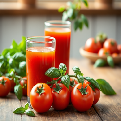 Tomato juice and fresh tomatoes with basil on a wooden table, soft natural lighting, shallow depth of field, taken with a DSLR camera at f/2.8, 50mm lens, ISO 100, capturing a vibrant, refreshing aesthetic.
