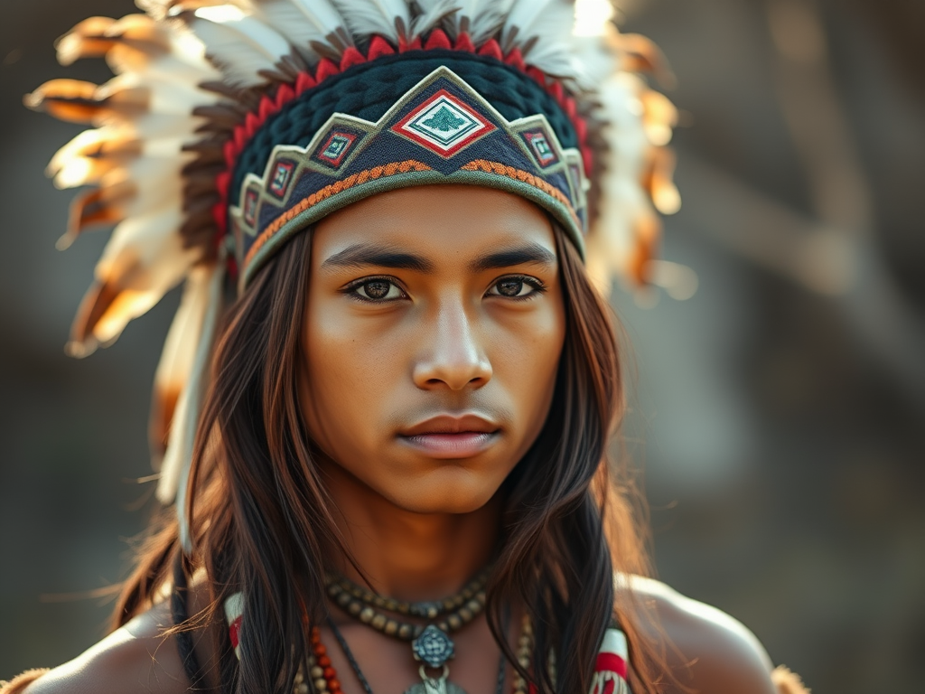 Portrait of a young Indigenous man with long hair wearing a feathered headdress, adorned with traditional jewelry, soft natural lighting, shallow depth of field, 50mm lens, f/1.8 aperture, ISO 100, captured with a DSLR camera.
