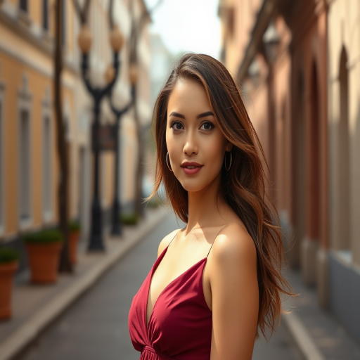 portrait of a model standing in a burgundy dress on a street, natural light, shallow depth of field, DSLR camera, 85mm lens, aperture f/1.8, ISO 100, exposure 1/200s, clear and sharp focus on the model, vibrant colors and soft background blur