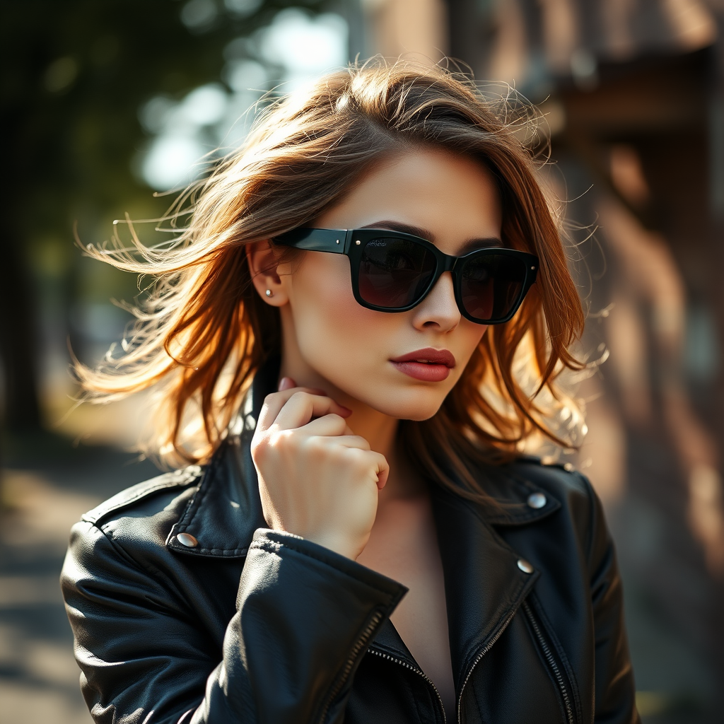 Outdoor shot, stunning female model, vintage leather jacket, sunglasses, cinematic effect, Position the camera at the model’s eye level using a 35mm f/1.4 lens