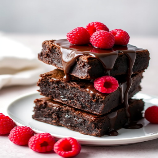 A stack of rich chocolate brownies drizzled with glossy chocolate sauce topped with fresh raspberries on a white plate against a soft, neutral background.