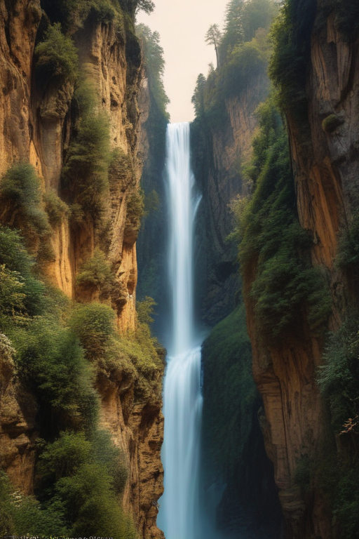 Majestic Waterfall Cascading Down Rocky Cliffs Surrounded by Lush Greenery