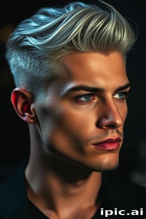 Elegant close-up of a man sporting Moonlit Silver hair, a sleek undercut with long, swept-back strands on top, shimmering with a metallic sheen in dim lighting