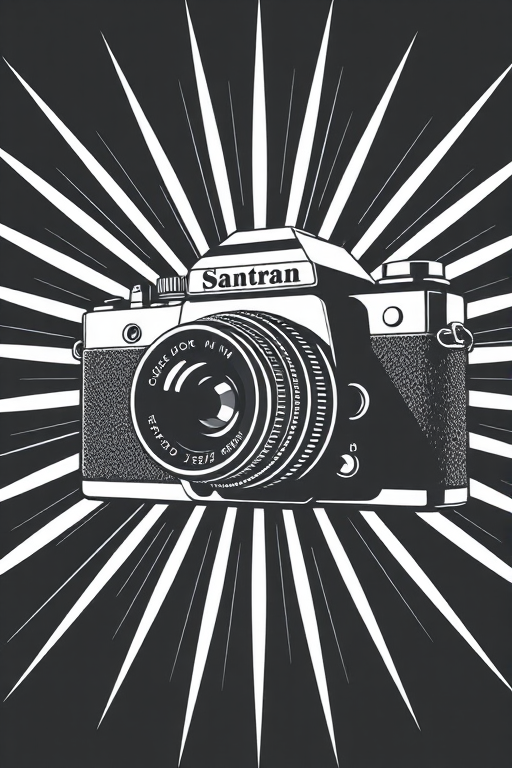 Create a high-contrast black and white illustration of a vintage camera against a radiating burst background, use a 50mm lens with f/2.8 aperture, ISO 100, shot in natural lighting with a DSLR camera for enhanced sharpness.