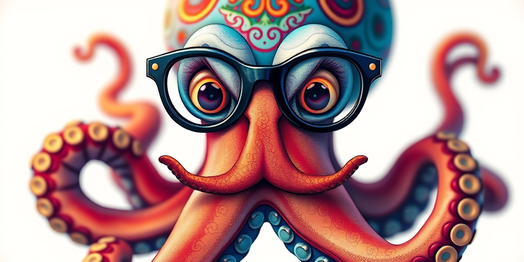 Regenerate an artistic illustration of a whimsical octopus wearing glasses and a mustache, showcasing vibrant colors and intricate patterns, captured with a Canon EOS R5 at f/2.8, ISO 100, 50mm lens, in a close-up view with a soft focus background for enhanced detail.