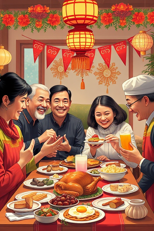 Create an illustration of a joyful family gathering celebrating a festive occasion with traditional foods and decorations, captured in vibrant colors, using a Canon EOS R5, 50mm lens, f/1.8 aperture, ISO 100, from a wide-angle perspective, in a bright daylight style.